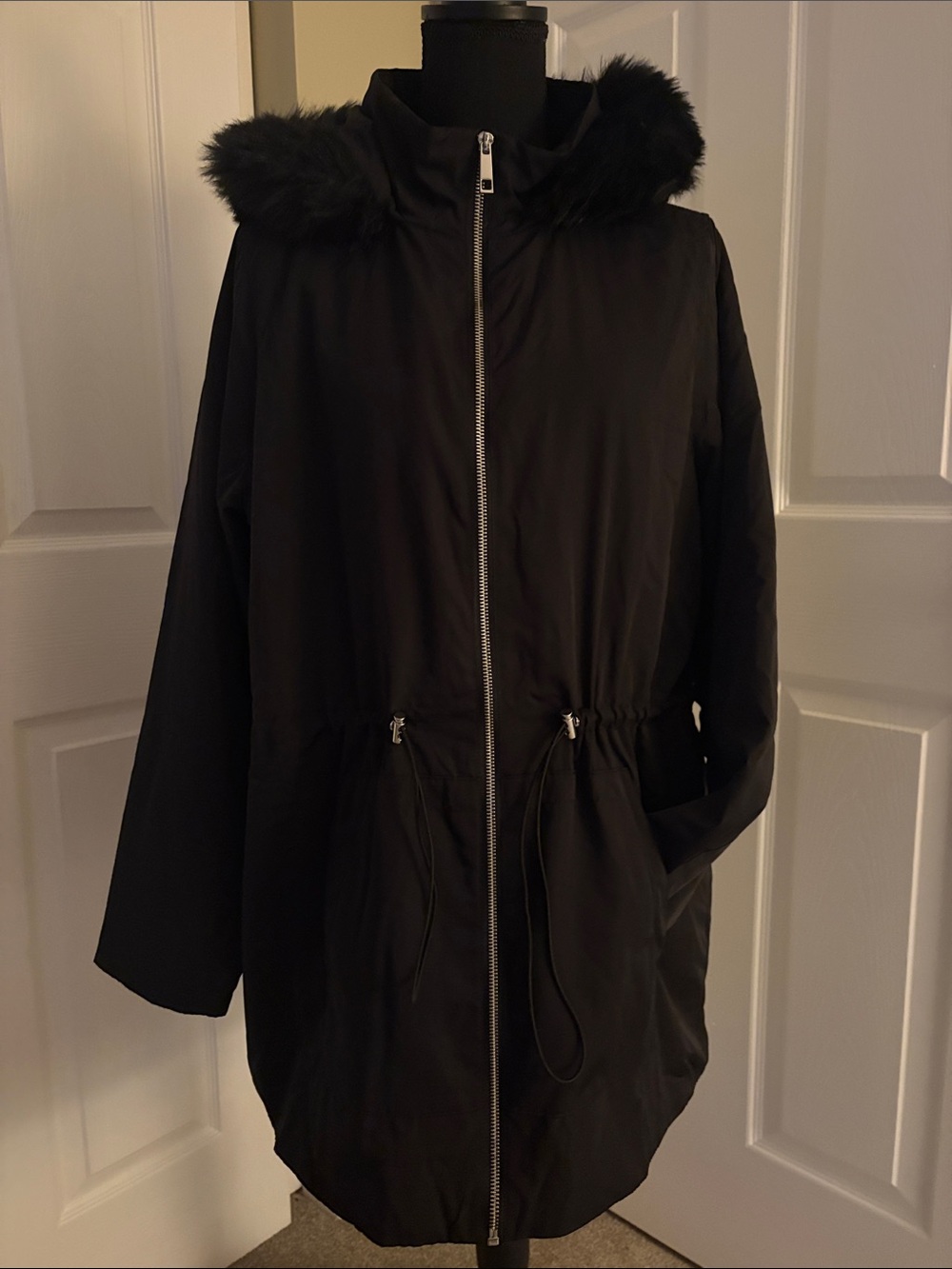 Women’s Black Hooded Light-weight Parka with Faux-Fur Trim
